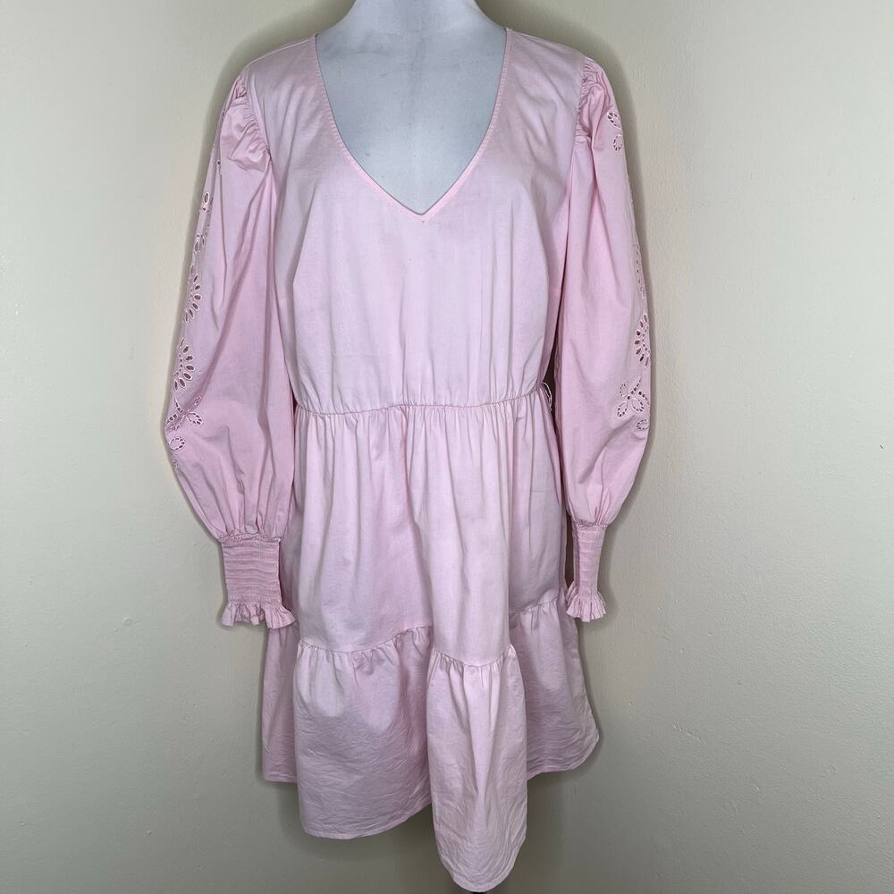 Eloquii Elements Mini Dress 16 Womens Pink Tiered V-Neck Eyelet Feminine Girly